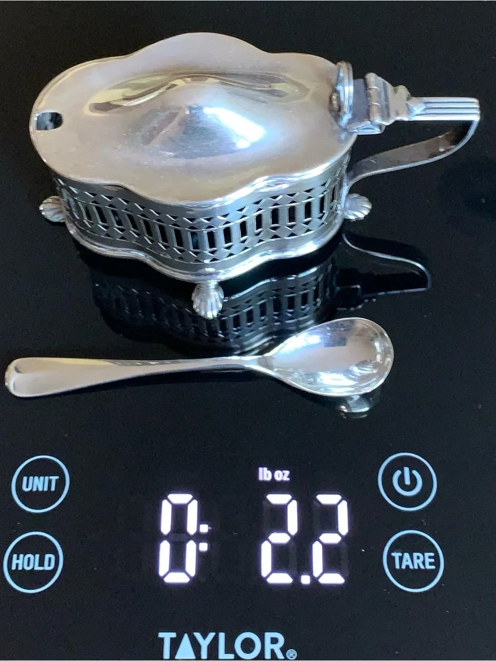 English Sterling Silver Mustard Pot Cobalt Glass Insert Spoon London Hallmarks